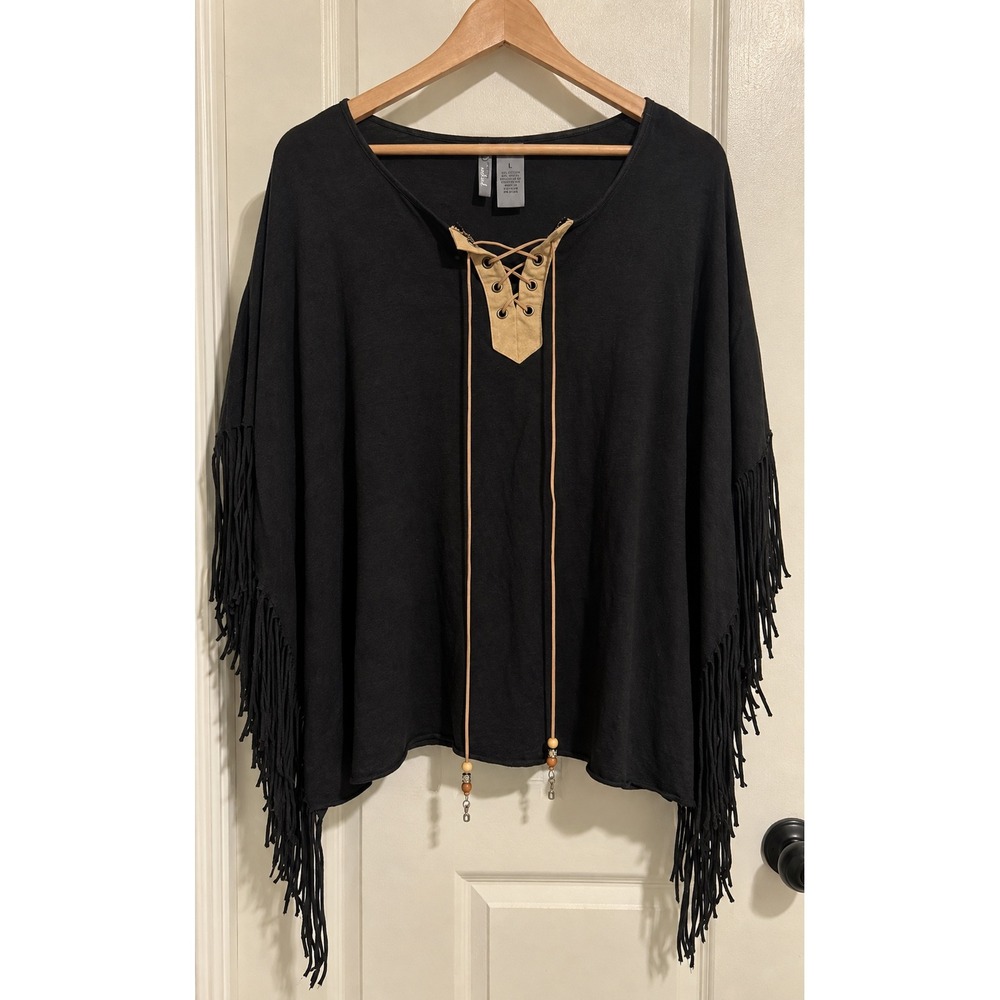 New Directions Fringe Western Top Tunic Tee Womens L Weekend Black Boho Lace Up
